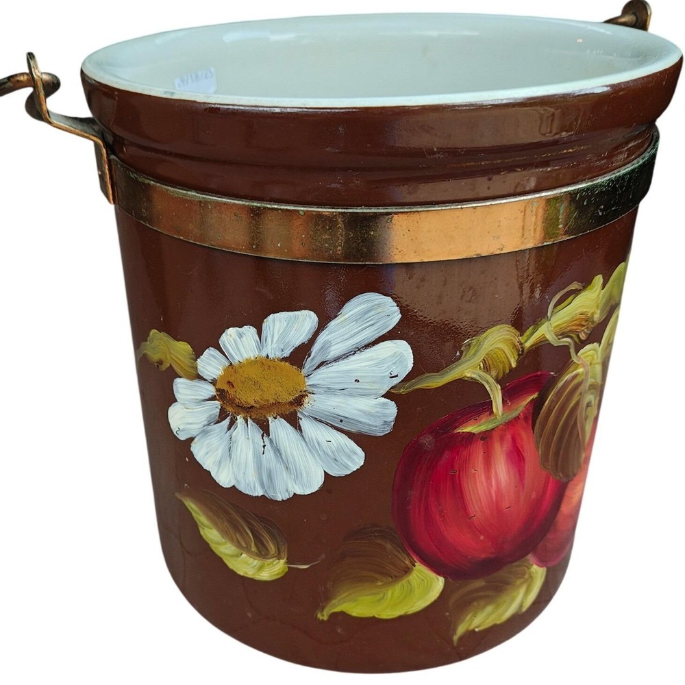 Vintage Hull Pottery 302 Brown Ceramic Ice Bucket Hand Painted Apples Daisy USA